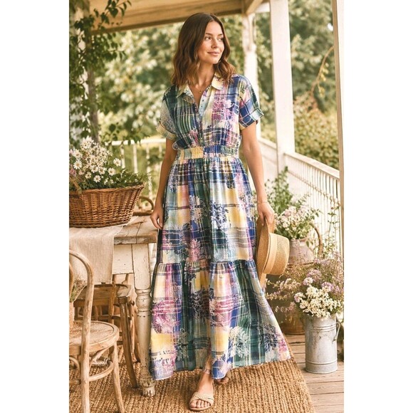Anthropologie Dresses & Skirts - Anthropologie Pastel Plaid & Floral Tiered Maxi Dress